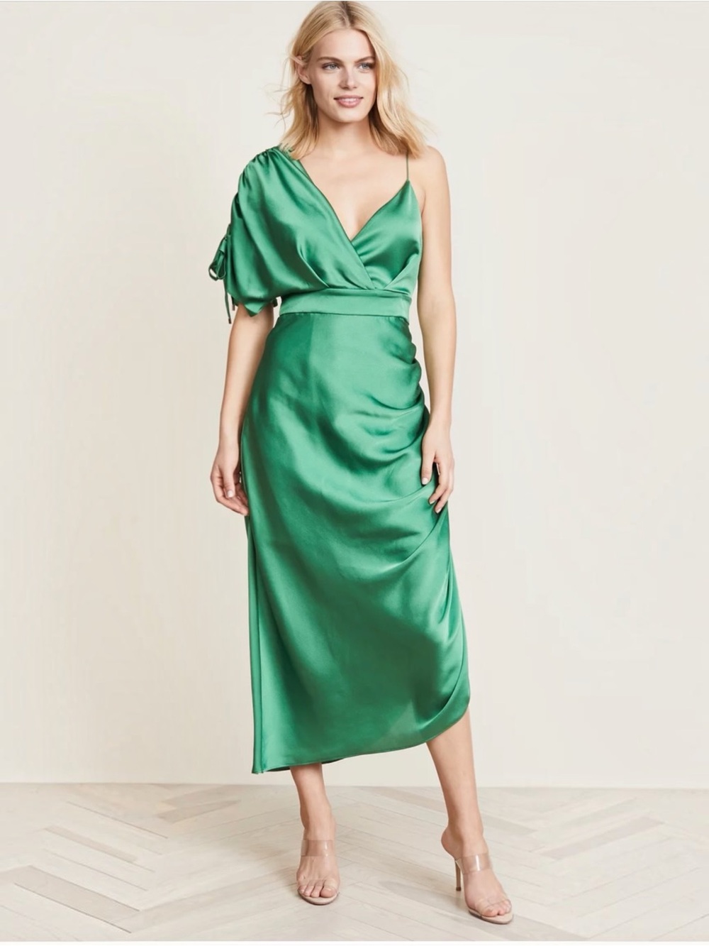 KEEPSAKE Emerald Green Satin One-Shoulder Midi Dress